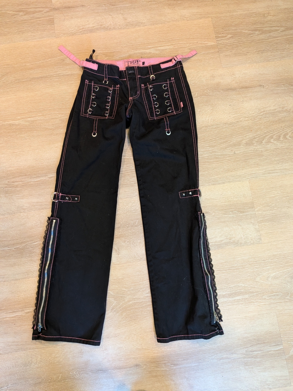 Tripp NYC Black Wide Leg Pants with Pink Trim and Lace-up Pockets